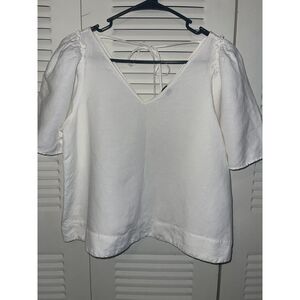 Ann Taylor Linen Blend V-neck Puff Flutter Sleeve Top White Size MP Quiet Luxury